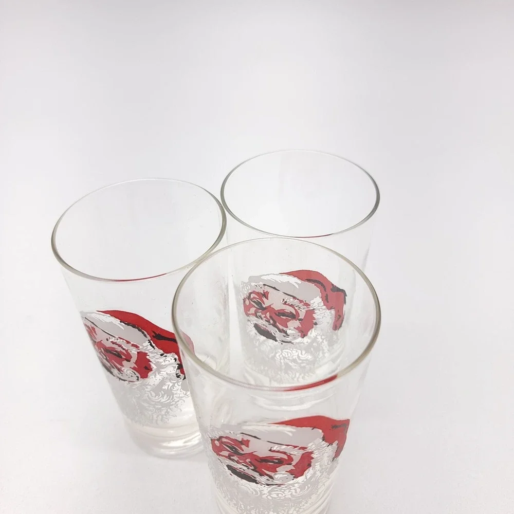 Set Of Three Vintage MCM Drinking Glasses Santa's Santa‎ Face Holiday Christmas